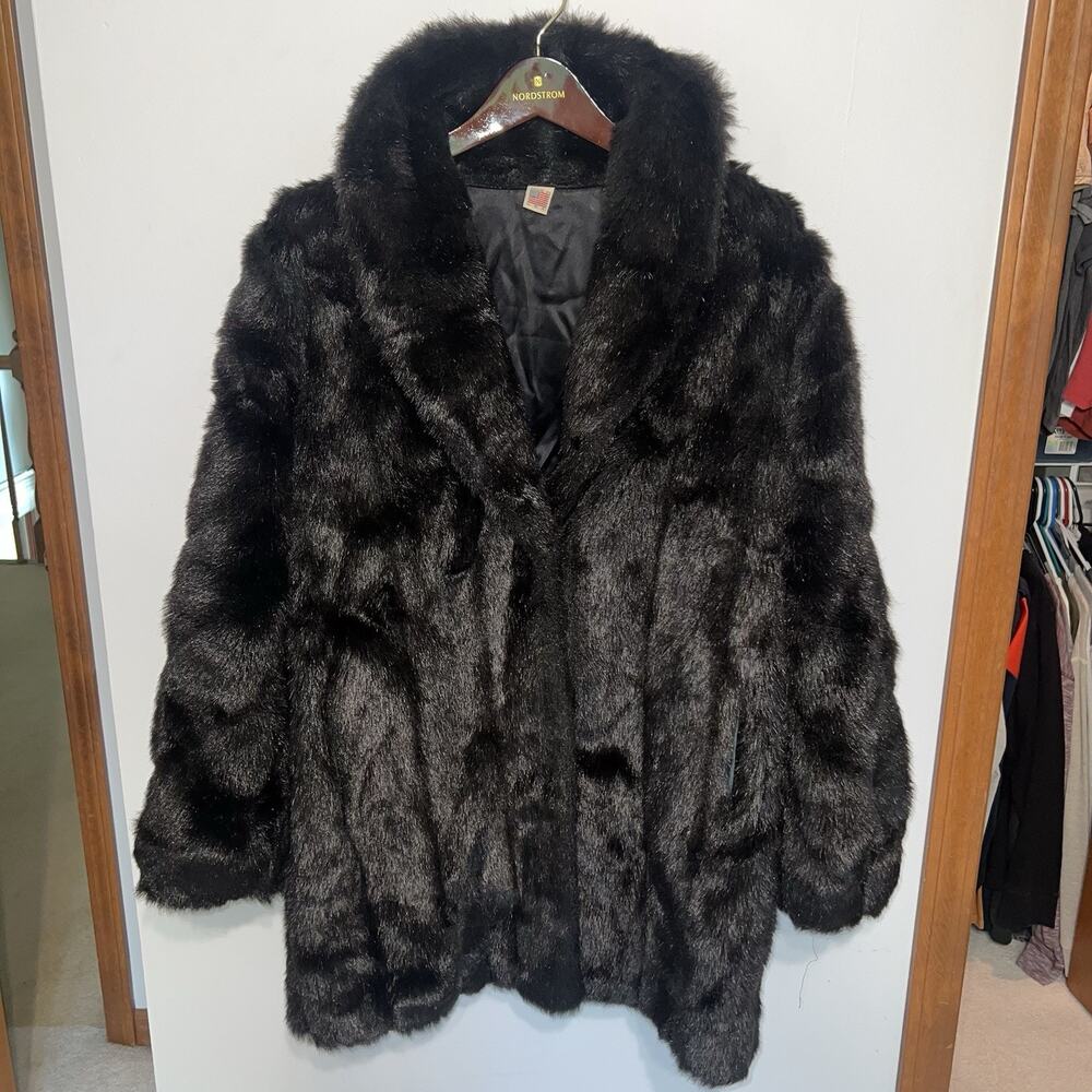 Vintage Black Faux Fur Coat Shawl Collar USA Made Women Small Winter Long Jacket